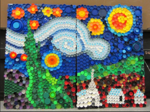 Check out this pretty mosaic made from soda bottle lids! Kids and adults alike can have fun turning waste into art!